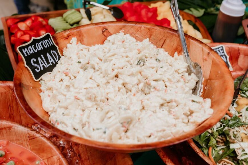 Kahula Voyage Hawaiian luau macaroni salad, also known as mac salad, served fresh with Chinese chicken salad, and poke, inside our wooden woven bowls to suit any occasion